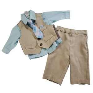 🟢K1288 * Starting Out Boys 4pc Suit Tan Blue Size 3/6M